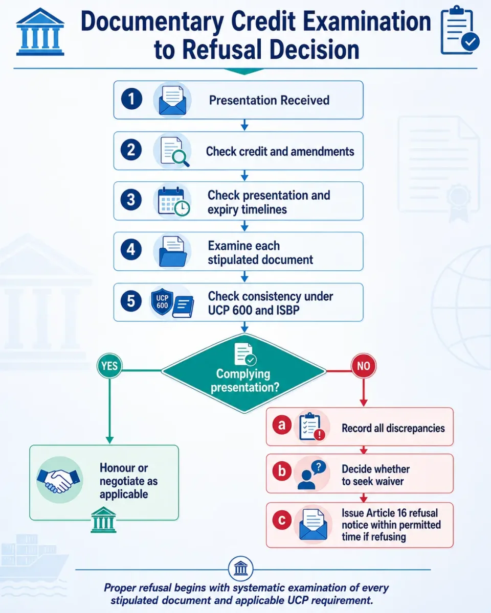 Process diagram showing how a bank examines documentary credit documents and moves from discrepancy identification to honour, waiver or refusal under UCP 600.
