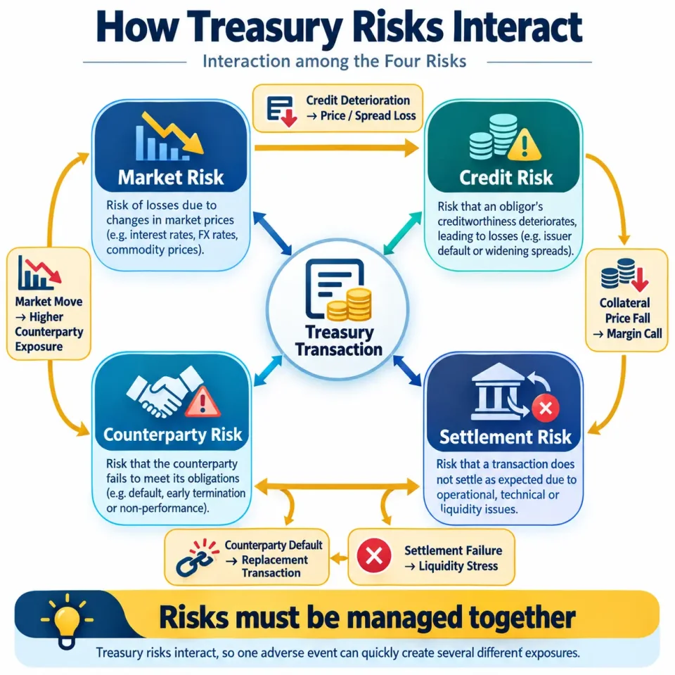 Concept map showing interactions among treasury market, credit, counterparty and settlement risks.