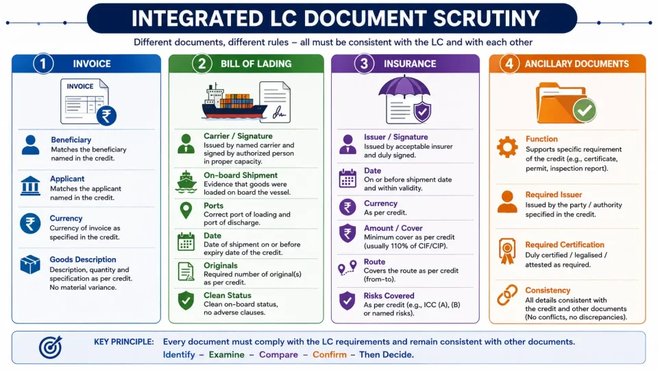 Comparison infographic showing the essential scrutiny points for invoices, transport, insurance and ancillary documents under an LC.