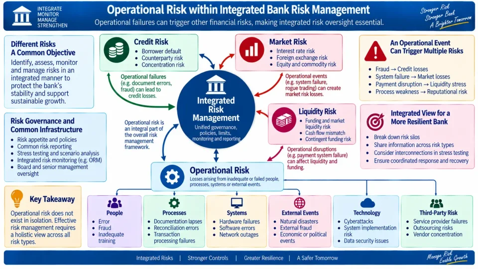 Concept map showing operational risk within integrated bank risk management and its interaction with credit, market and liquidity risks.