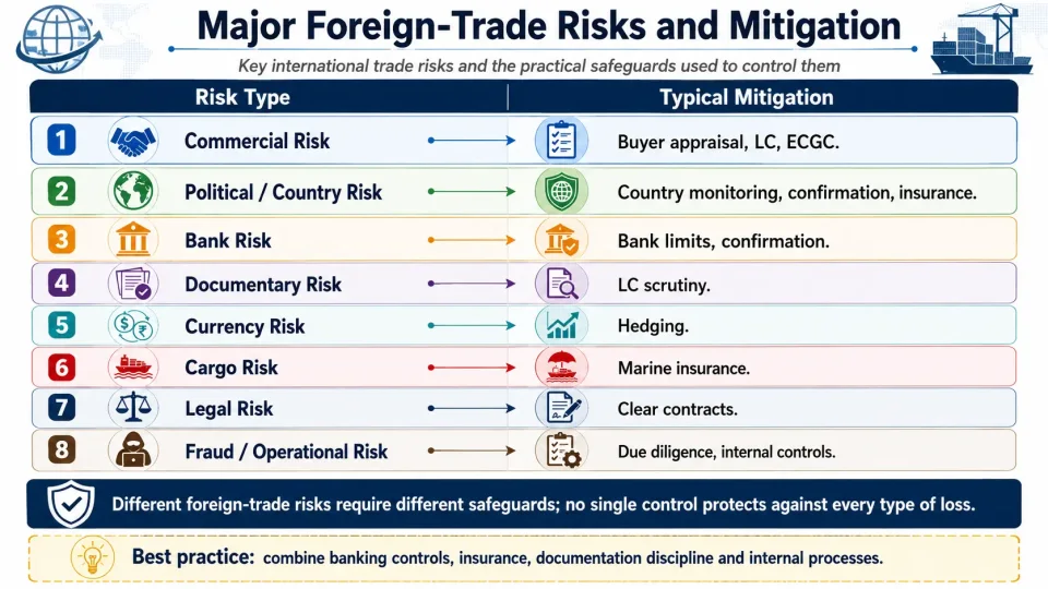 Risk matrix showing major international trade risks and the appropriate banking, insurance and operational methods used to mitigate them.
