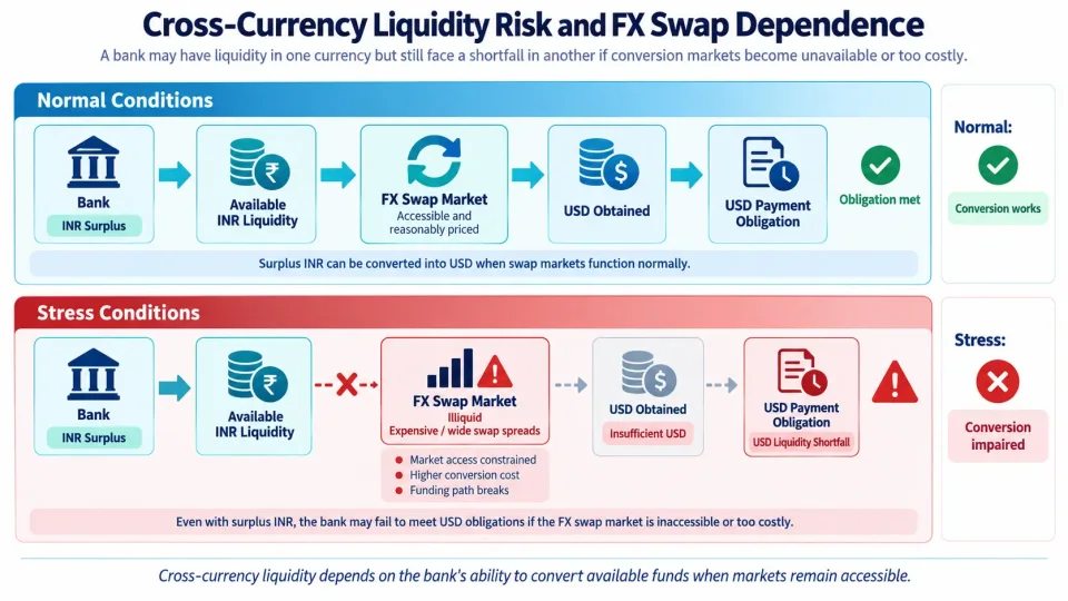 Transaction-flow diagram showing how dependence on an FX swap market can create foreign-currency liquidity risk despite surplus liquidity in another currency.
