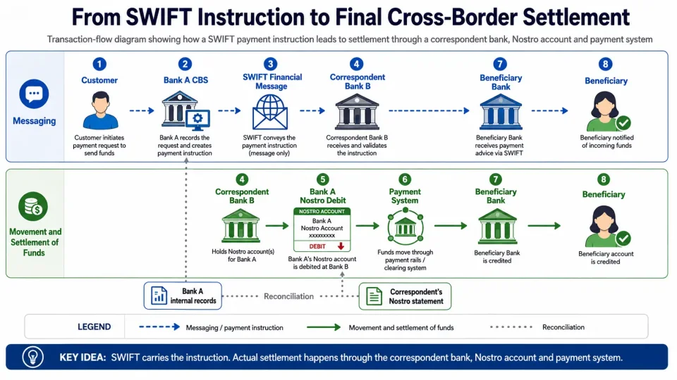 Transaction-flow diagram showing how a SWIFT payment instruction leads to settlement through a correspondent bank, Nostro account and payment system.