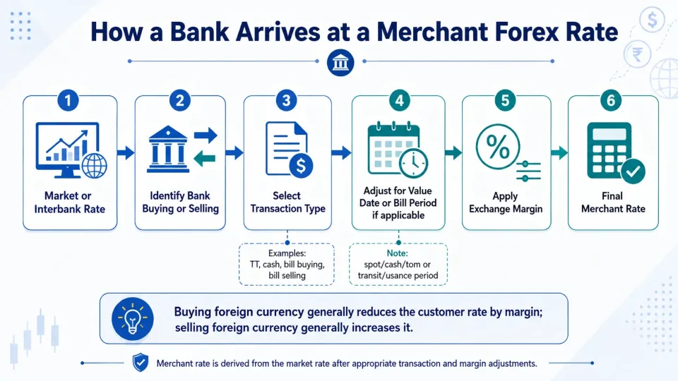 Process diagram explaining how banks derive merchant foreign exchange rates from market rates, transaction type, value date and exchange margin