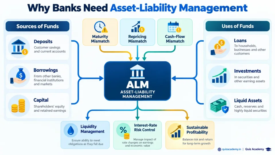 Concept map explaining how ALM manages maturity, repricing and cash-flow differences between a bank’s sources and uses of funds.