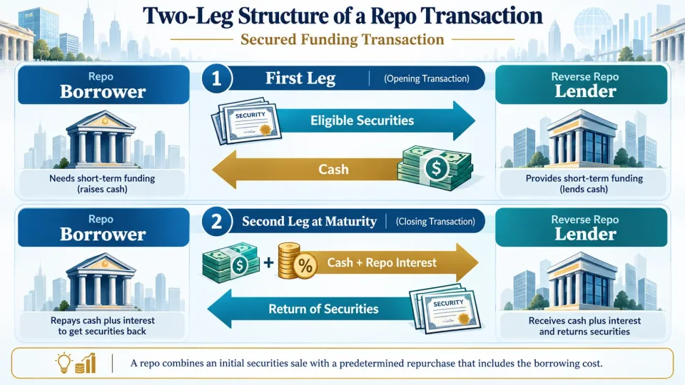 Transaction-flow diagram explaining the two legs of a repo, with securities transferred against cash and later returned against cash plus repo interest.