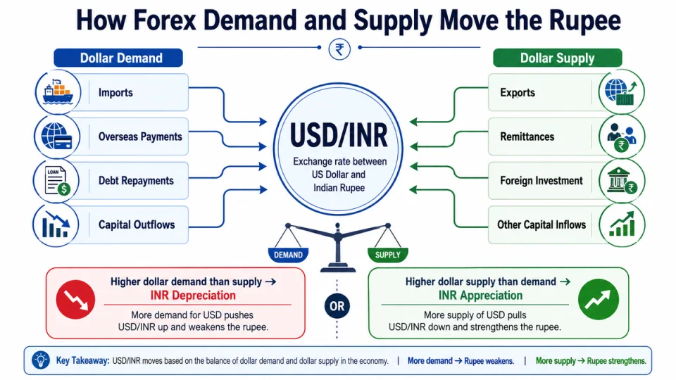 Transaction-flow diagram showing how demand and supply of foreign currency influence appreciation or depreciation of the Indian rupee.