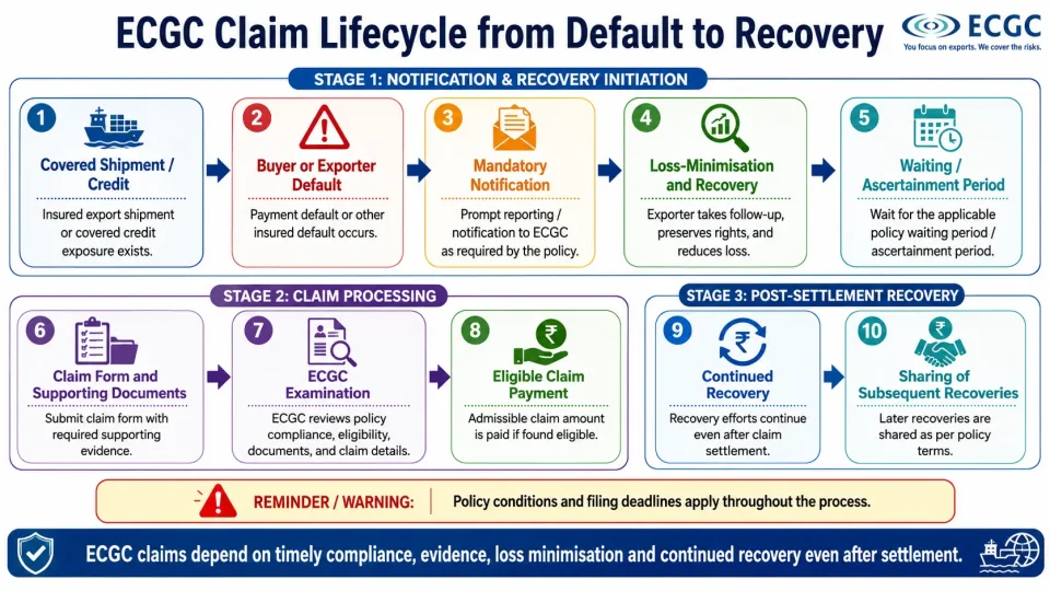 Process diagram showing how an ECGC claim progresses from an insured default through reporting, waiting period, settlement and subsequent recovery.