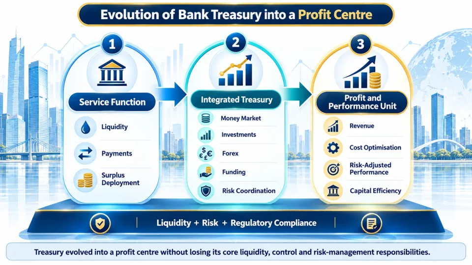 Timeline showing the evolution of bank treasury from a liquidity support function to integrated treasury and a risk-controlled profit centre.