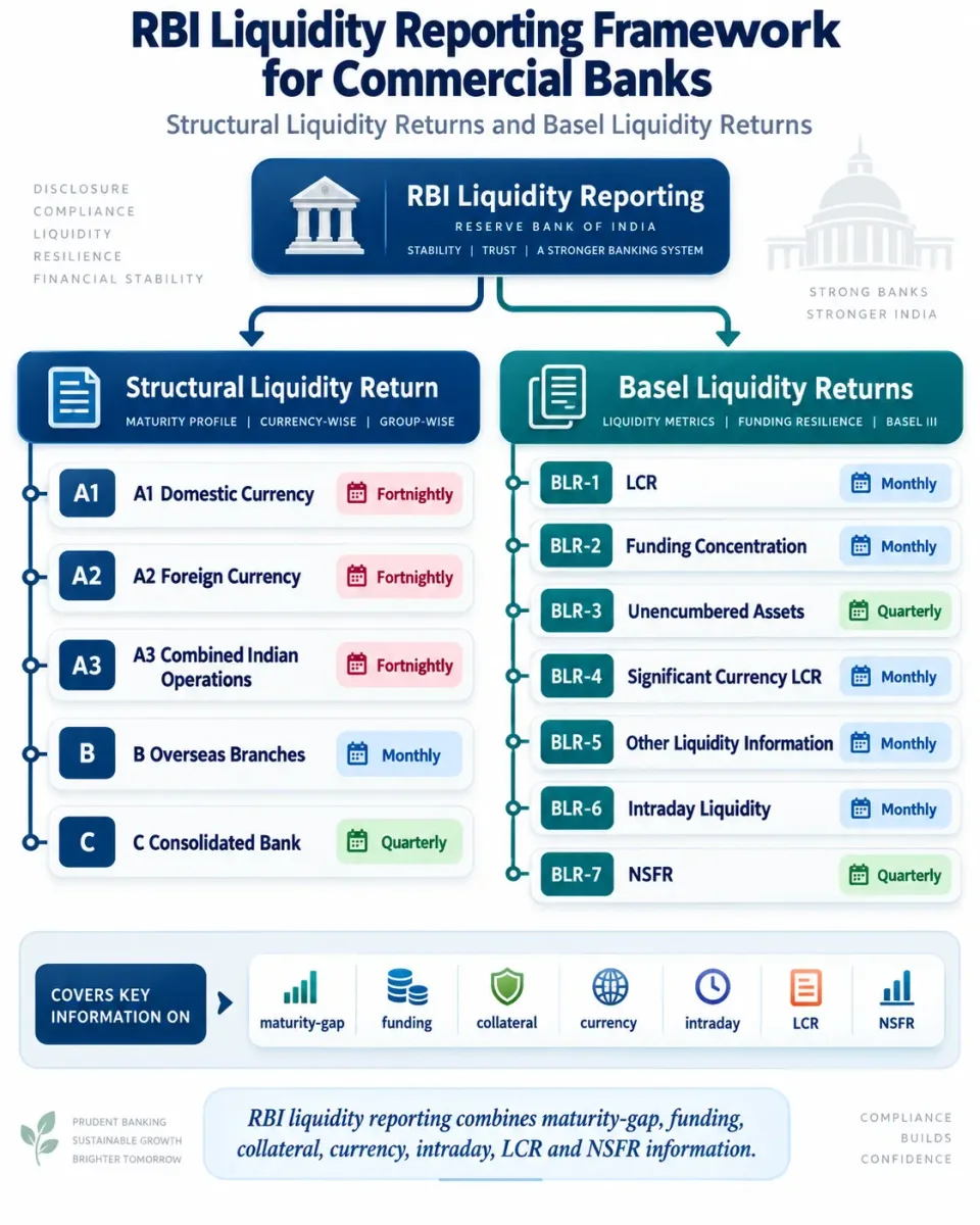 Hierarchy explaining current RBI Structural Liquidity and Basel Liquidity Returns with their reporting periodicities for commercial banks.