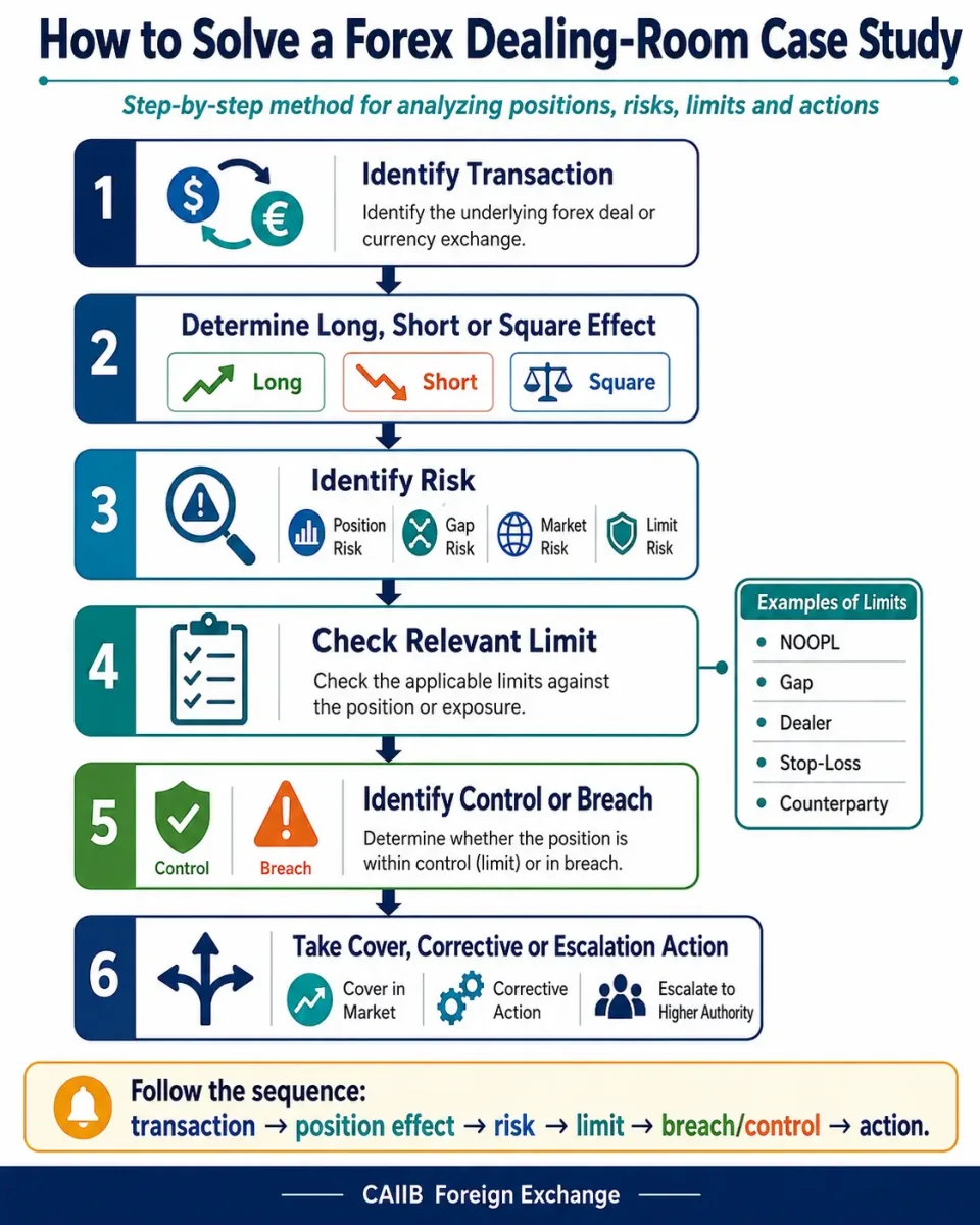 Flowchart showing a step-by-step method for solving CAIIB forex dealing-room case studies involving positions, risks, limits and controls.