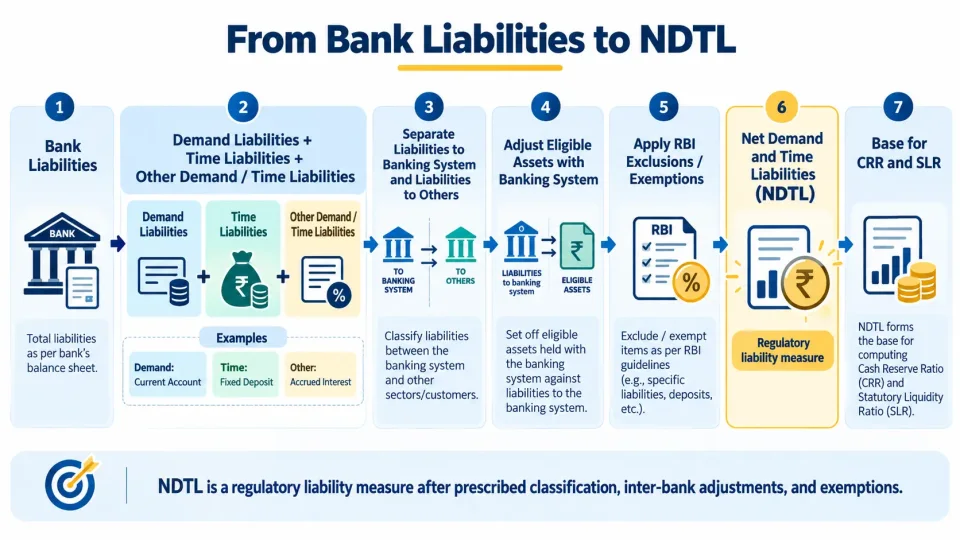Process diagram showing how bank demand and time liabilities are adjusted to arrive at NDTL for CRR and SLR purposes.