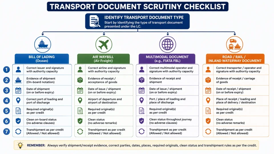 Decision tree showing the key checks for different transport documents presented under a documentary credit.