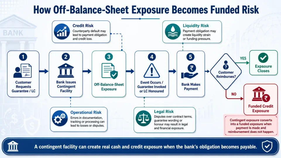 Process diagram showing how a bank guarantee or Letter of Credit creates Off-Balance-Sheet risk and may convert into funded exposure.