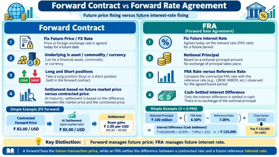 Comparison infographic showing a forward contract fixing a future transaction price and an FRA fixing a future interest-rate exposure.