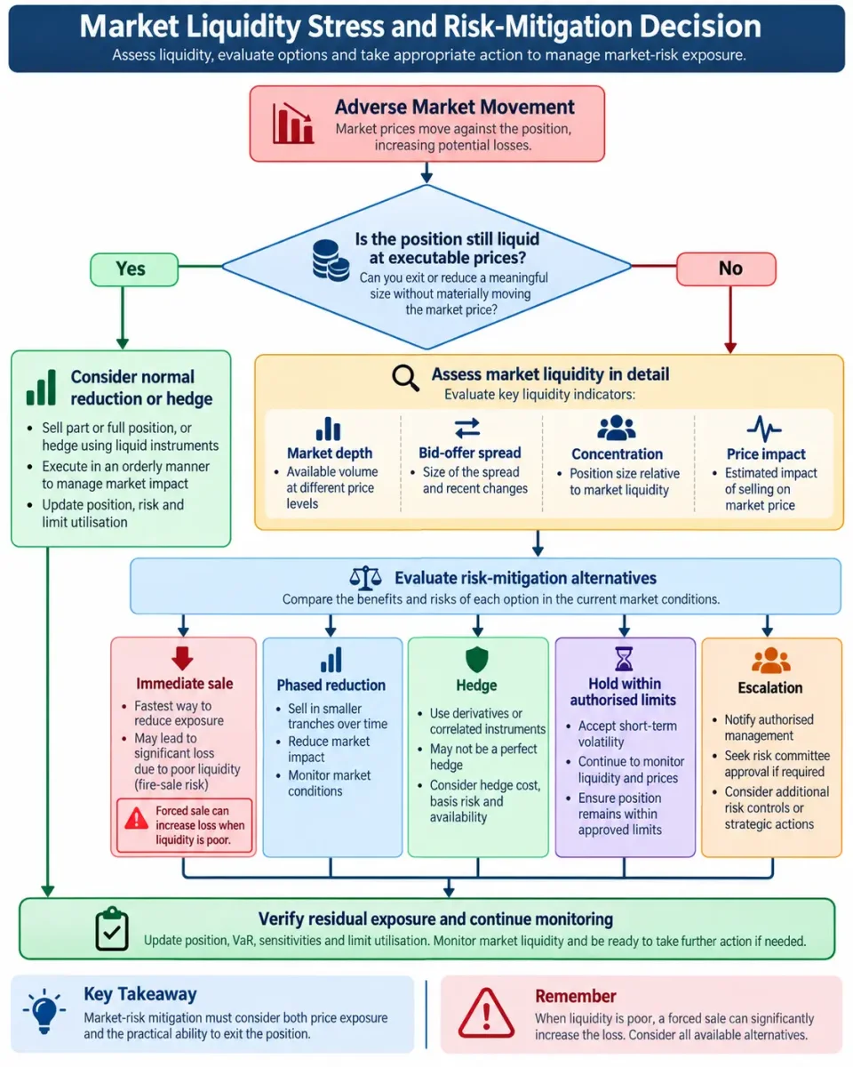 Decision tree showing how a bank responds to market-risk exposure when market liquidity deteriorates and immediate sale may create a fire-sale loss.