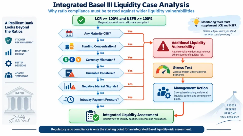 Flowchart showing why compliant LCR and NSFR must be supplemented by Basel monitoring tools before concluding that liquidity risk is adequately controlled.