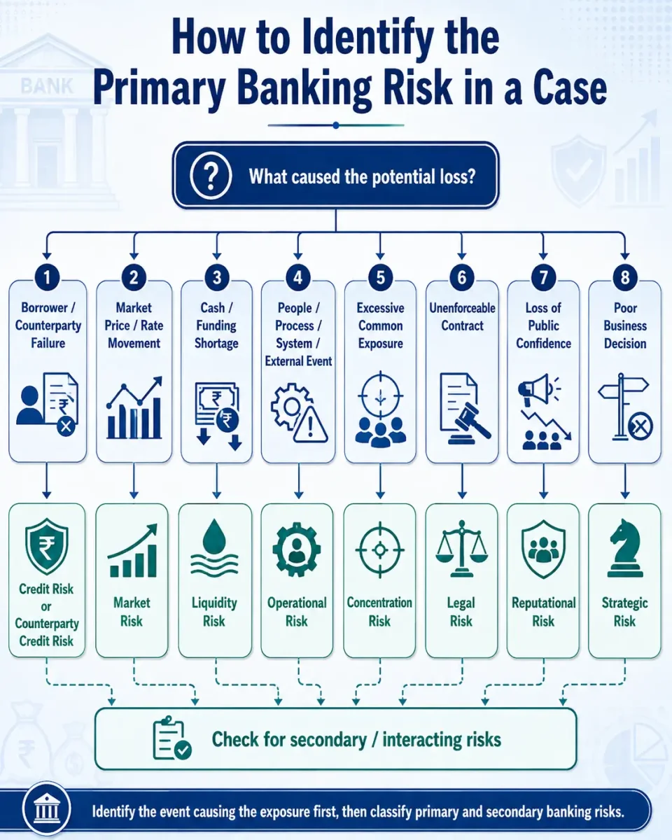 Decision tree showing how CAIIB learners can classify banking cases into credit, market, liquidity, operational and other risks.