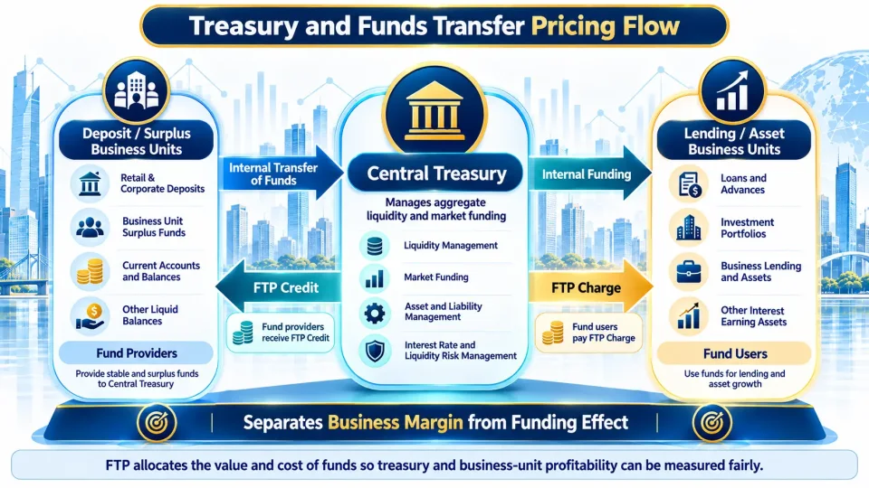 Transaction-flow diagram showing how funds transfer pricing connects deposit units, central treasury and lending units for performance measurement.