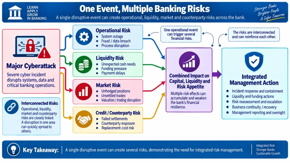 Transaction-flow diagram showing how one cyberattack can create operational, liquidity, market and counterparty risks across a bank.