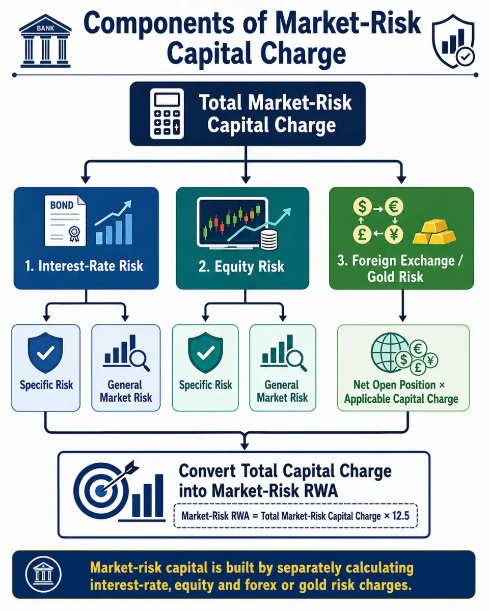 Hierarchy showing how interest-rate, equity and foreign-exchange or gold risks combine into the total regulatory market-risk capital charge.