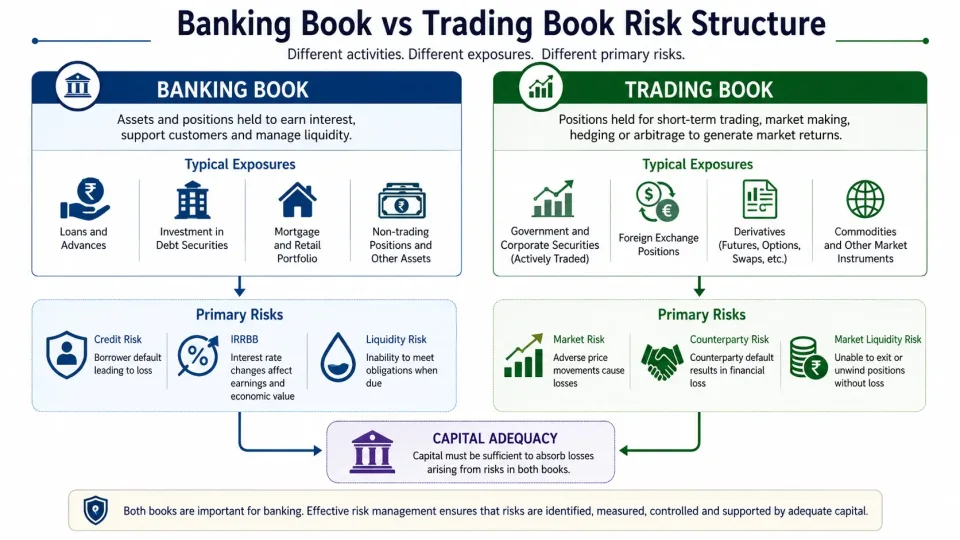 Comparison infographic explaining Banking Book and Trading Book exposures, purposes and their major banking risks.