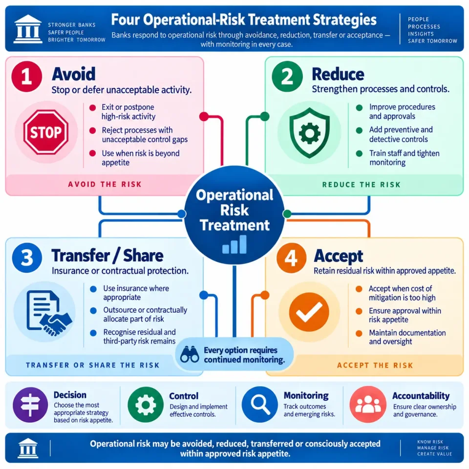 Concept map explaining operational-risk avoidance, reduction, transfer and acceptance as four risk-treatment strategies.
