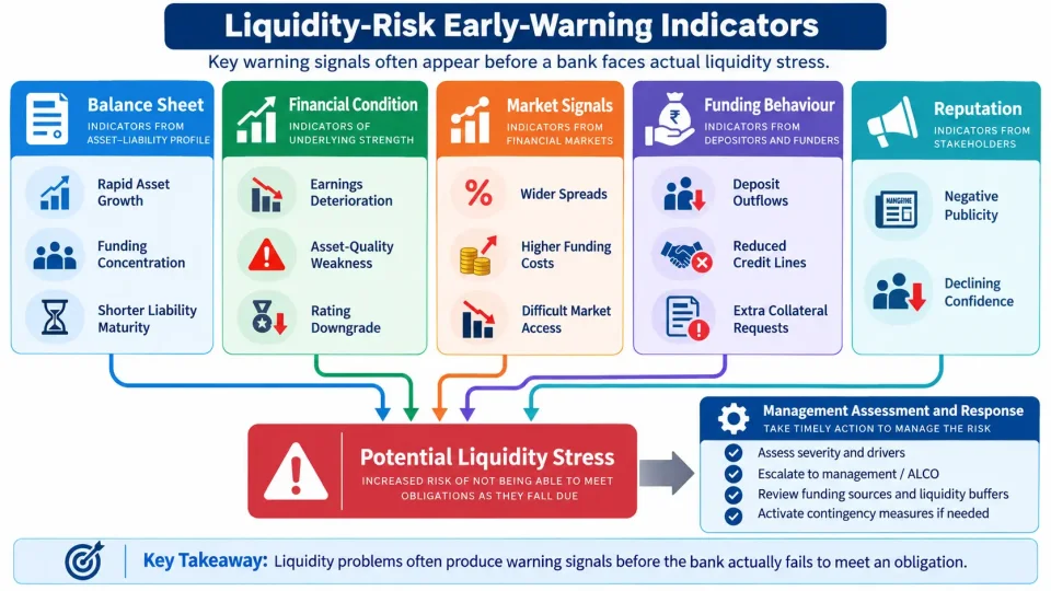 Risk matrix showing major balance-sheet, financial, market, funding and reputation early-warning indicators of bank liquidity stress.