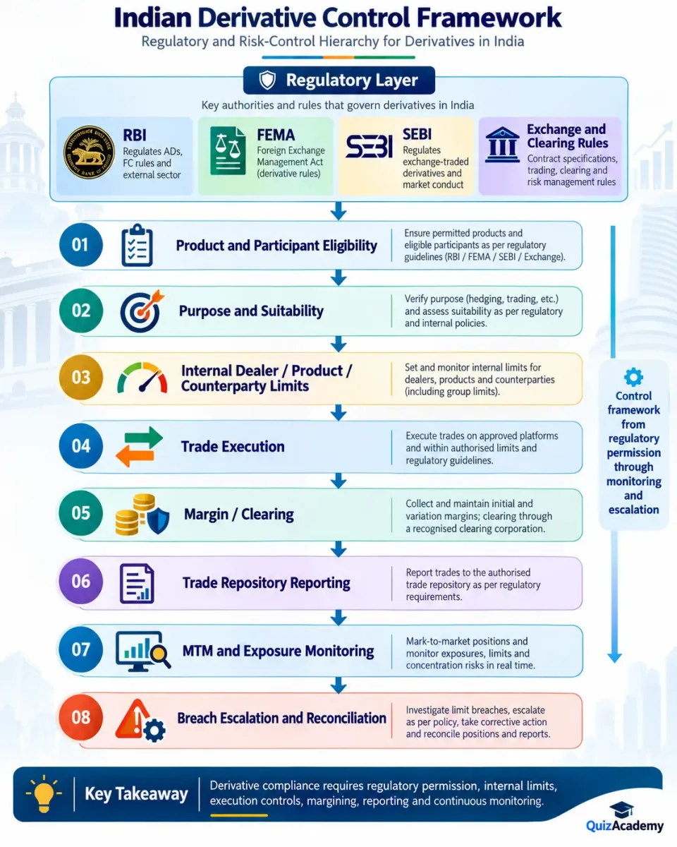 Hierarchy showing the Indian derivative regulatory and risk-control framework from product eligibility through margining, reporting and exposure monitoring.
