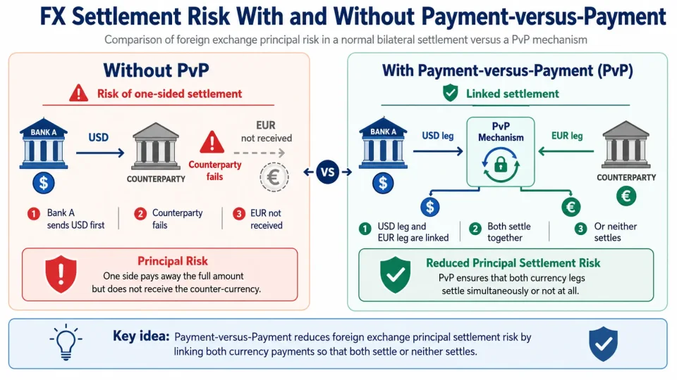 Comparison showing how Payment-versus-Payment reduces foreign exchange principal settlement risk by linking both currency payments.