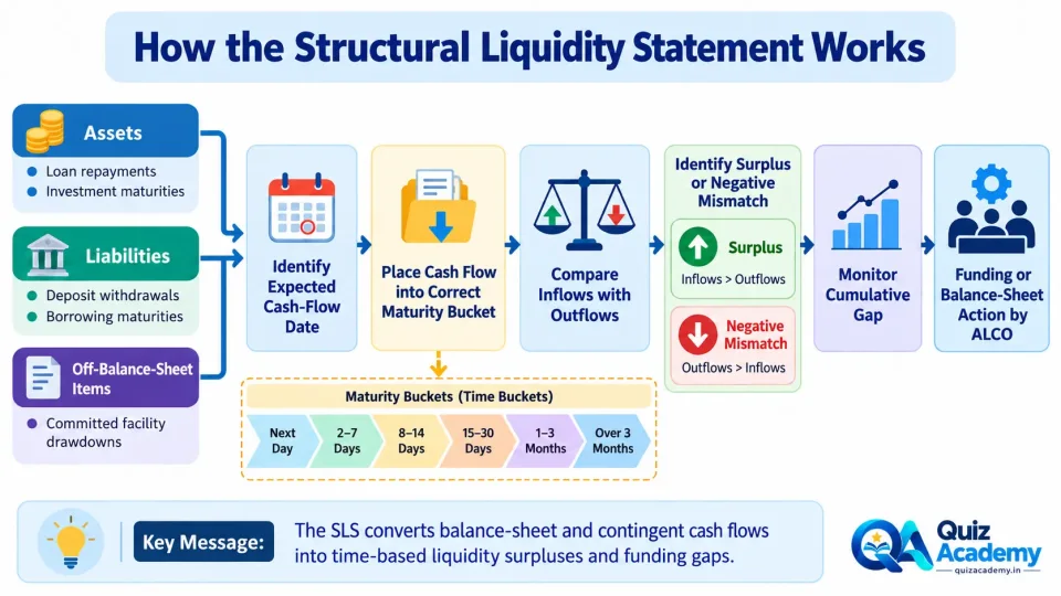 Process diagram showing how banks prepare a Structural Liquidity Statement by slotting expected cash inflows and outflows into maturity buckets and measuring liquidity gaps.