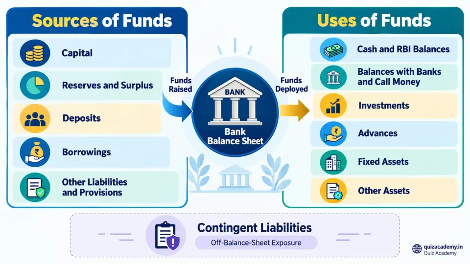 Bank balance-sheet structure showing capital, deposits and borrowings as sources of funds and loans, investments and liquid assets as uses of funds.
