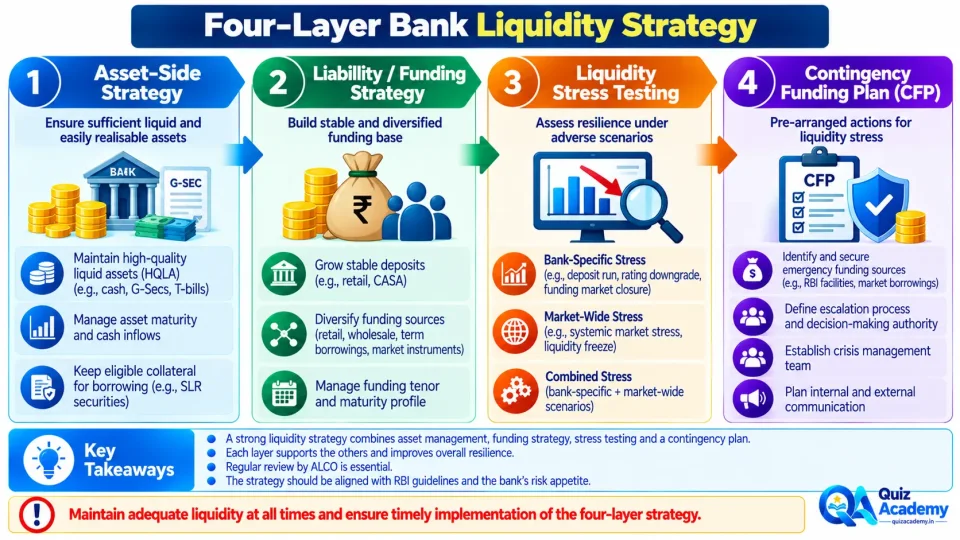 Process diagram showing asset-side, liability-side, stress-testing and contingency-funding strategies used in bank liquidity management.