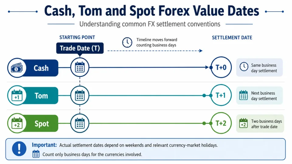 Timeline explaining T+0 cash, T+1 tom and T+2 spot settlement dates in foreign exchange transactions.