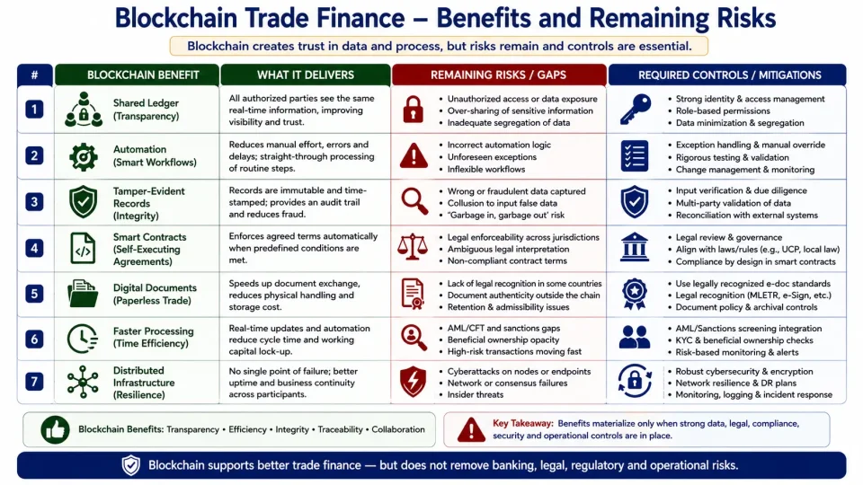 Risk matrix showing that blockchain trade-finance benefits still require data, legal, compliance, cybersecurity and operational controls.