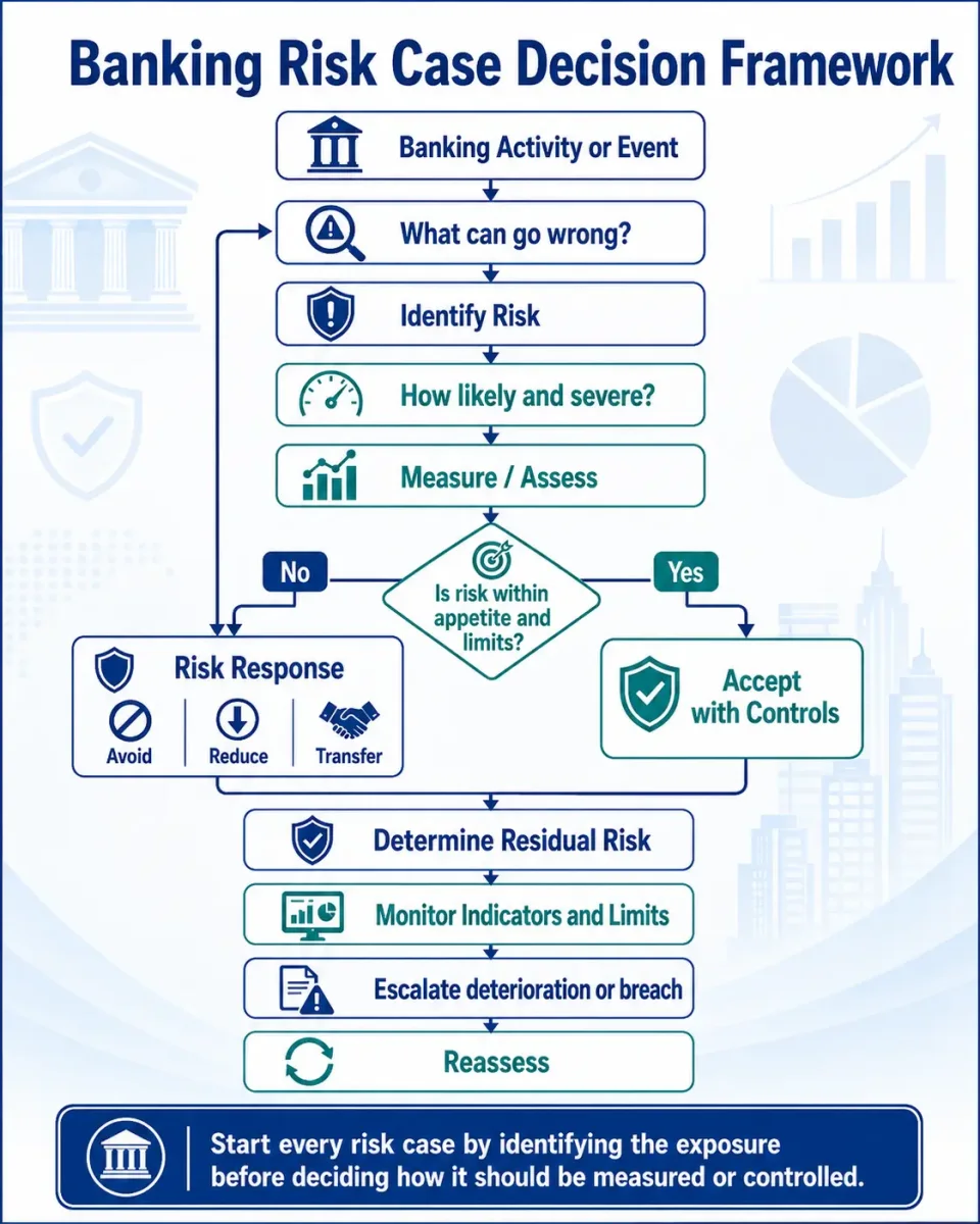 Decision tree showing how to analyse a CAIIB banking case through risk identification, assessment, mitigation, residual risk and monitoring.