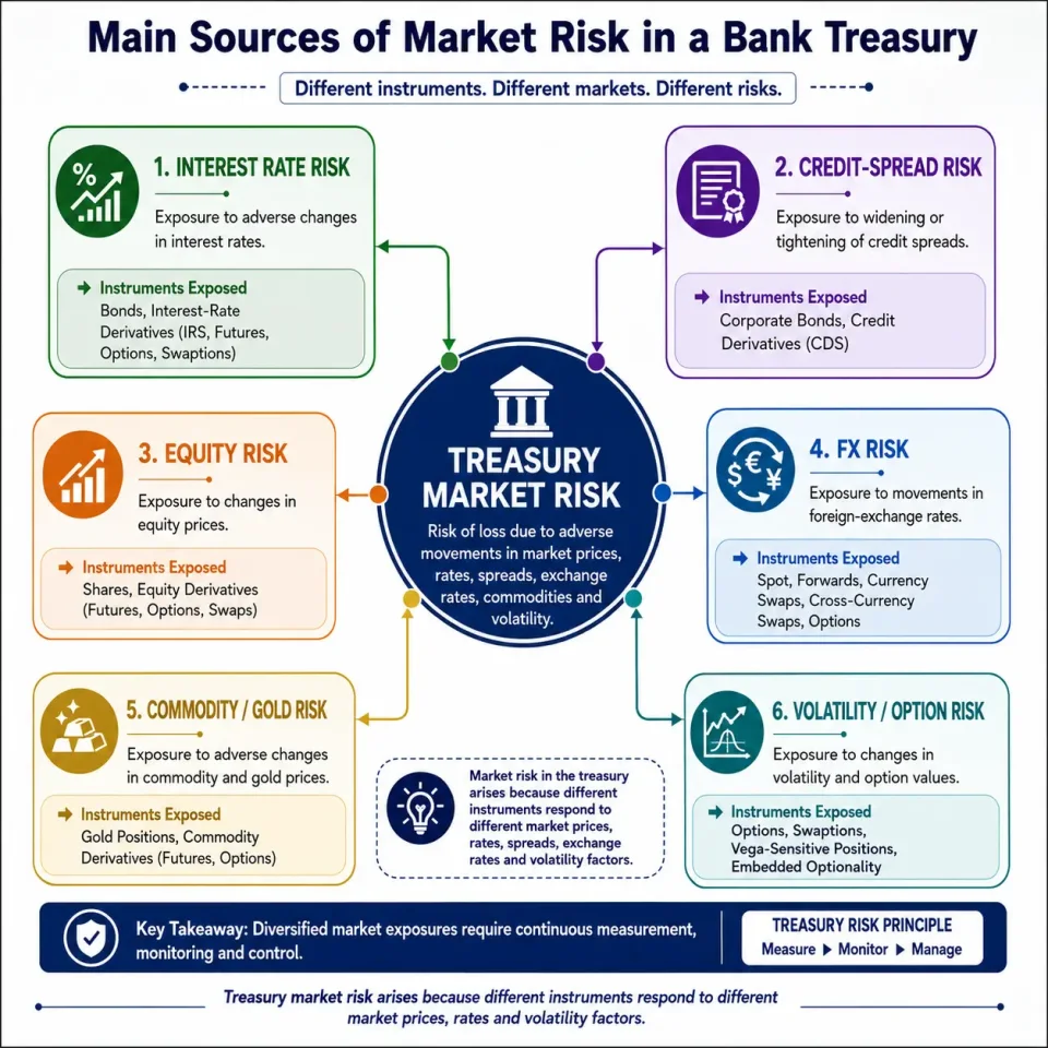Concept map showing major market-risk sources and the treasury instruments exposed to interest rates, spreads, equities, currencies, gold and volatility.