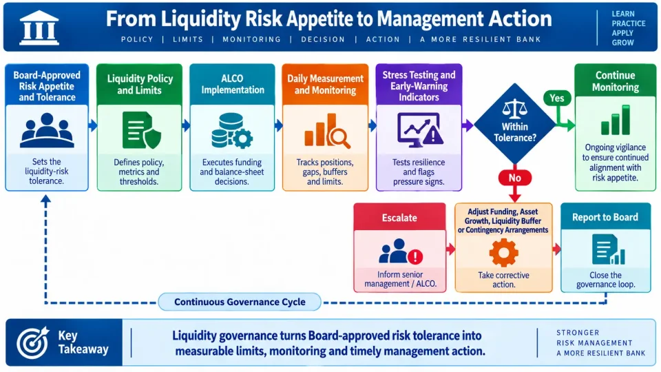 Process diagram explaining how Board-approved liquidity-risk appetite is translated into policy, limits, ALCO decisions, monitoring and corrective action.
