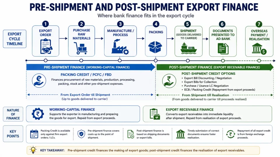 Timeline explaining where pre-shipment packing credit and post-shipment export finance operate in the export cycle.