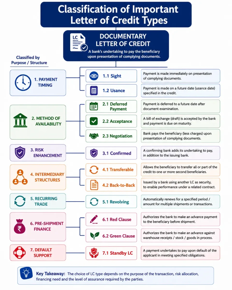 Hierarchy explaining sight, usance, confirmed, transferable, back-to-back, revolving, red clause, green clause and standby letters of credit.