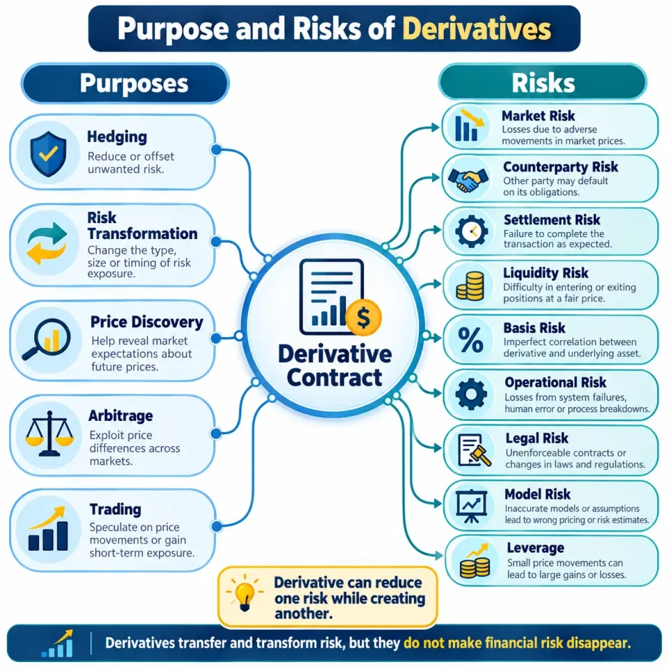 Concept map showing the main purposes of derivatives and the market, credit, settlement, liquidity, basis and operational risks they create.