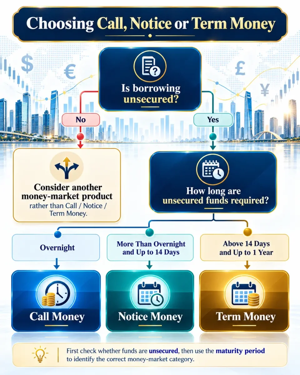 Decision tree showing how treasury selects Call Money, Notice Money or Term Money according to unsecured borrowing tenor.