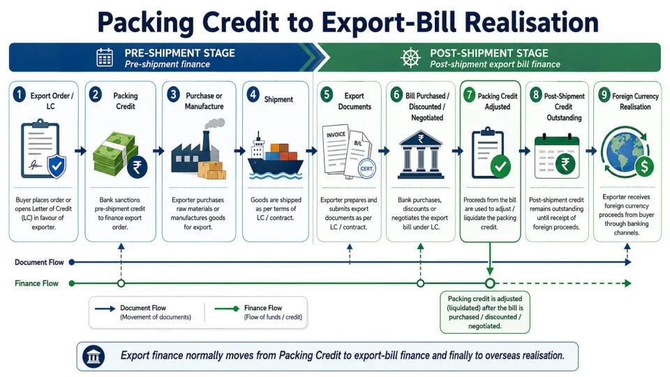 Transaction-flow diagram showing how Packing Credit converts into post-shipment export finance and is ultimately liquidated from export proceeds.