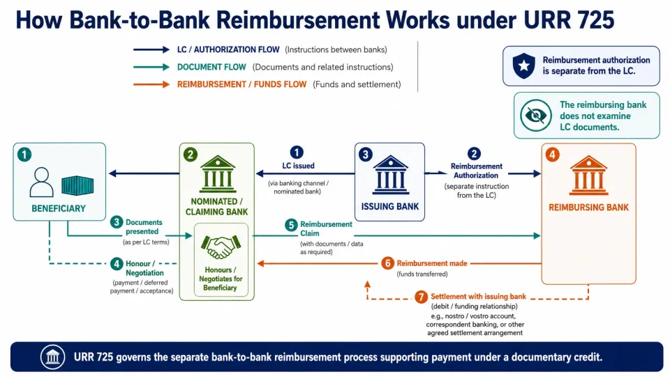 Transaction-flow diagram explaining the roles of issuing, claiming and reimbursing banks and the separate reimbursement authorization under URR 725.