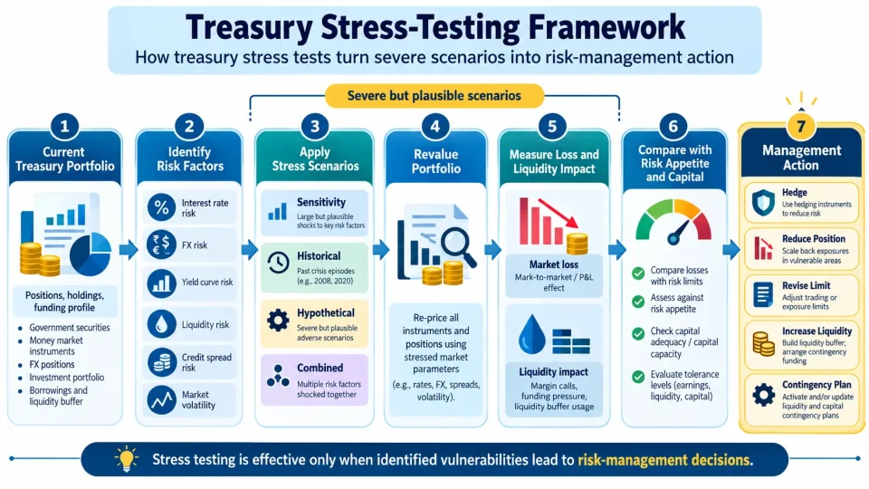 Process diagram showing how treasury stress tests convert severe market scenarios into loss estimates and management actions.