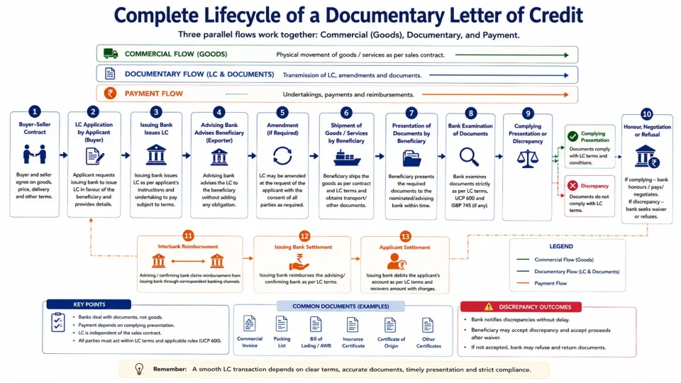 Process diagram explaining the complete documentary letter of credit cycle from issuance and advising to presentation, examination and final settlement.