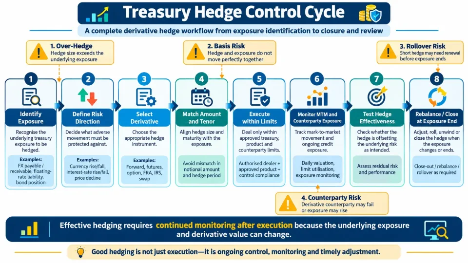 Process diagram showing the complete treasury derivative hedge cycle from identifying exposure through monitoring and hedge closure.