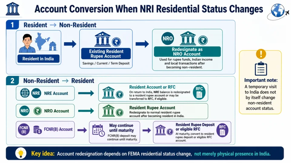 Process diagram explaining how NRE, NRO and FCNR(B) accounts are redesignated when a person's FEMA residential status changes.