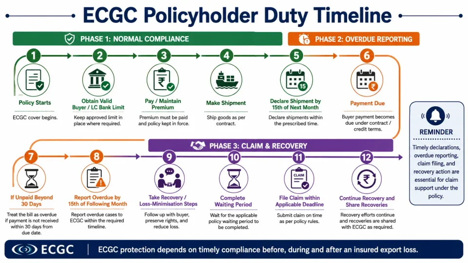 Timeline explaining the main duties an ECGC policyholder must perform from shipment through overdue reporting, claim filing and recovery.