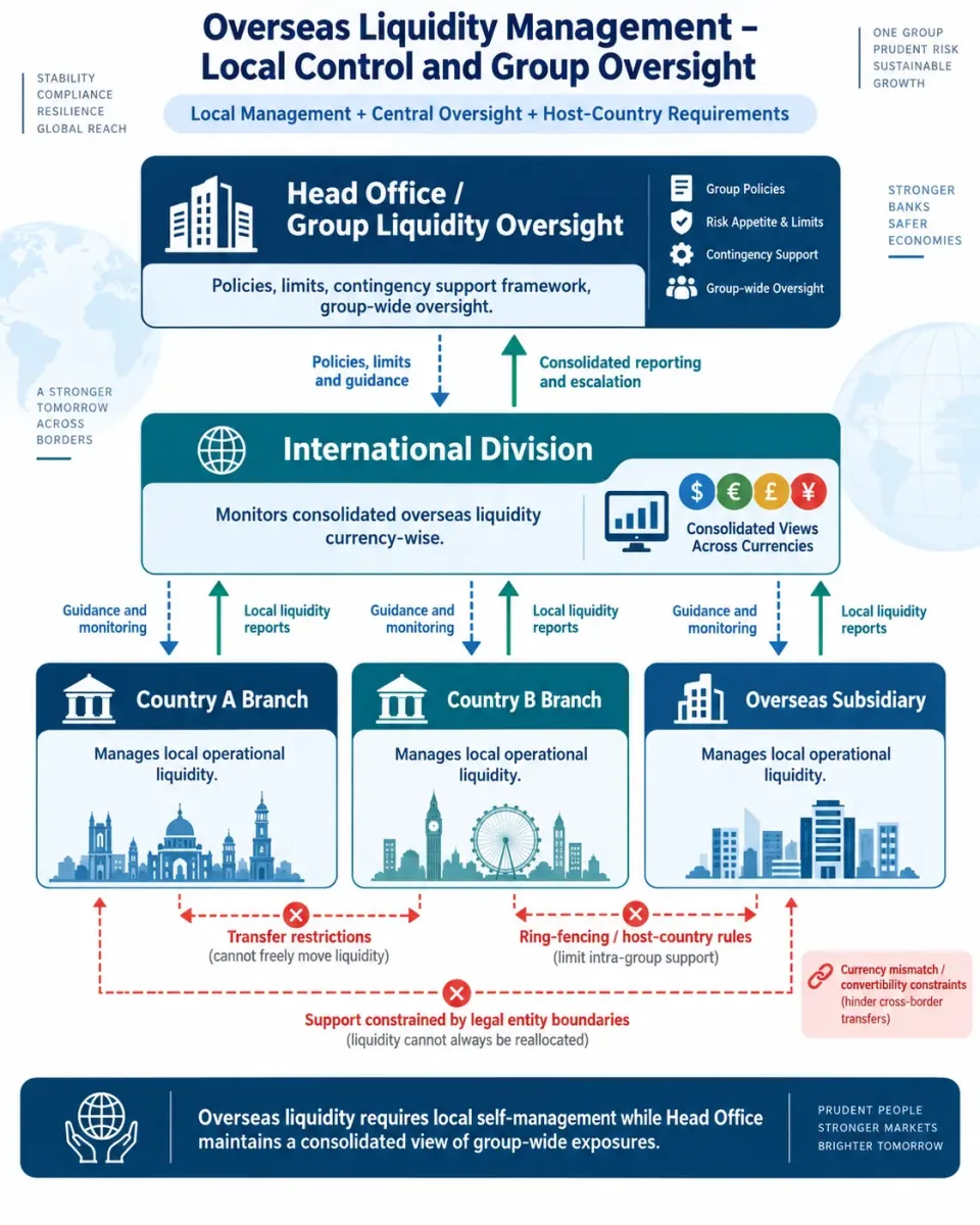 Hierarchy showing local liquidity management by overseas branches and subsidiaries with centralised bank-wide oversight and currency-wise monitoring.